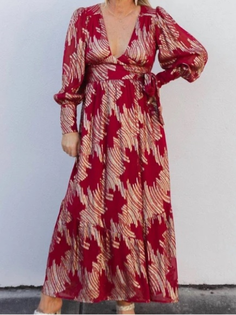 Ciebon Metallic Red Gold Wrap Maxi Dress 1X